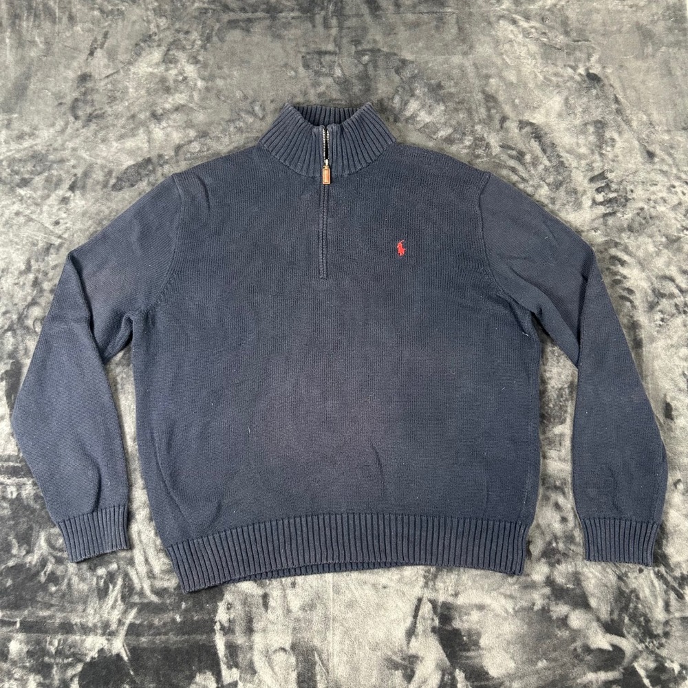 Polo Ralph Lauren Quarter Zip Sweater Mens‎ XL Navy Blue Cotton Knit Pullover